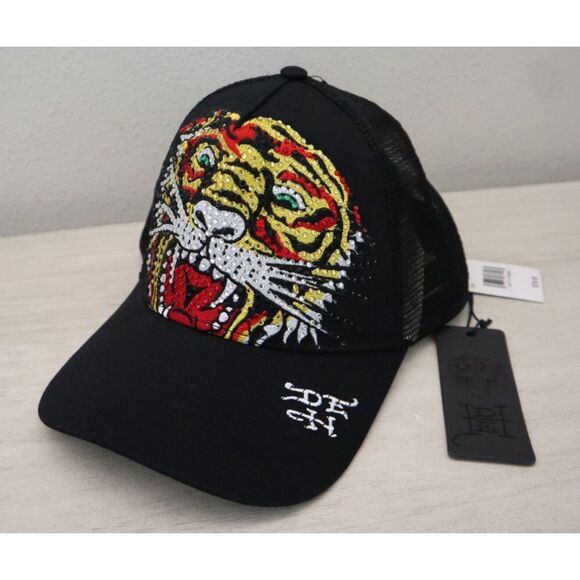 Ed Hardy Men's O/S Black Embroidered Tiger Head Mesh Snapback Trucker Hat - Picture 1 of 10